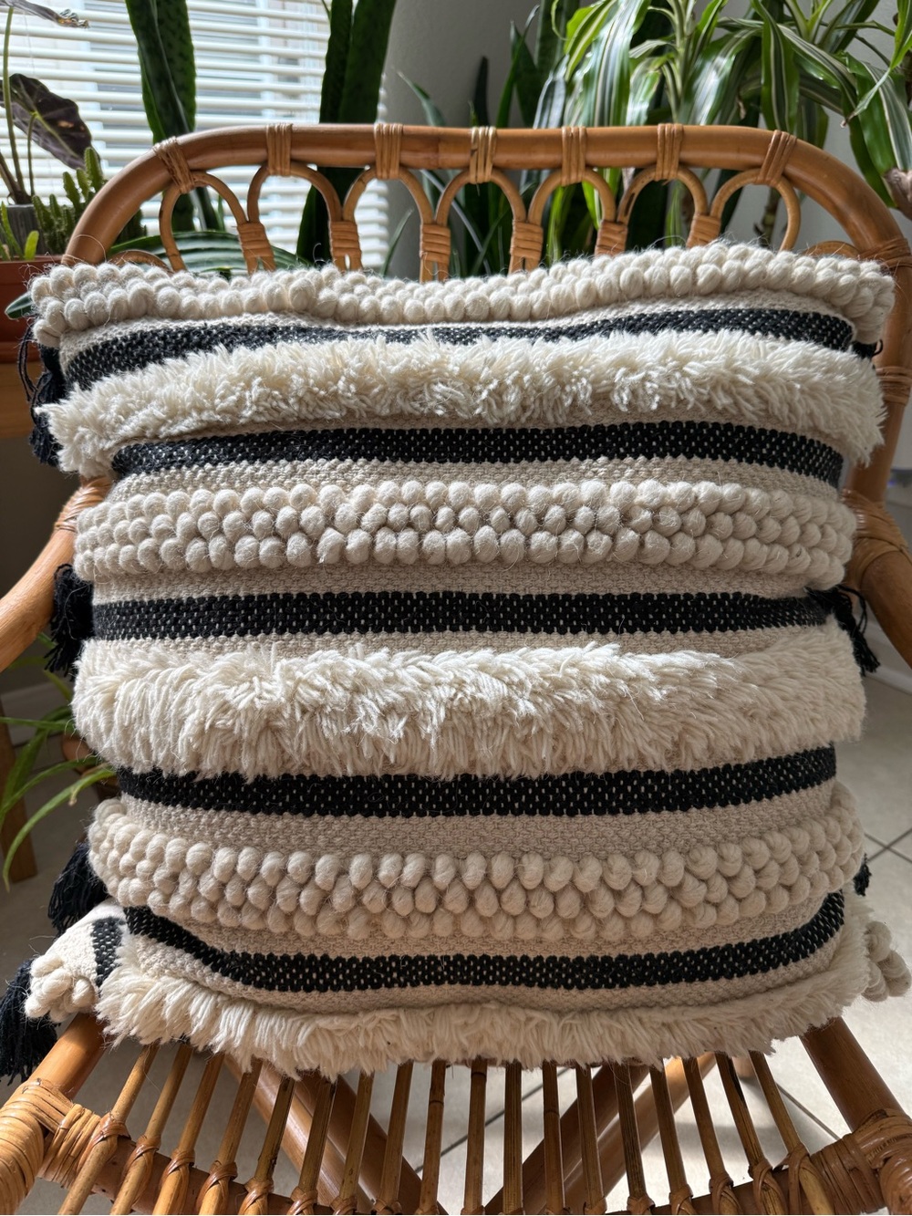 Set of two Textured Black and Cream Striped Throw Pillow